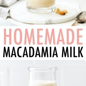 Photo of person pouring a glass of macadamia milk, and a second photo of a glass jar of macadamia milk.