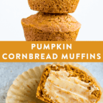 Collage of healthy pumpkin cornbread muffins slacked and spread with ghee.