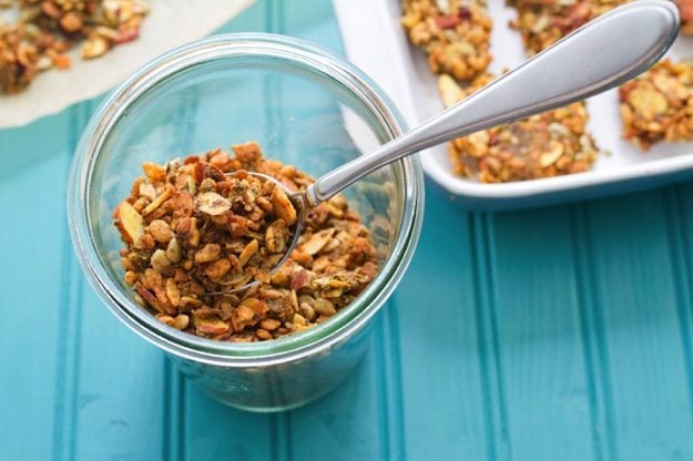 Curried Almond Granola Curried Almond Granola in a jar.