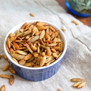 Pumpkin Spiced Roasted Pepitas in a small dish.