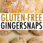 Gingersnap cookies on a cookie sheet and with a bite taken out of the cookie.