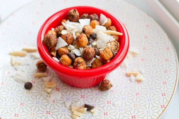 Pumpkin Spice Roasted Chickpea Trail Mix Pumpkin Spice Roasted Chickpea Trail Mix in a red ramekin.