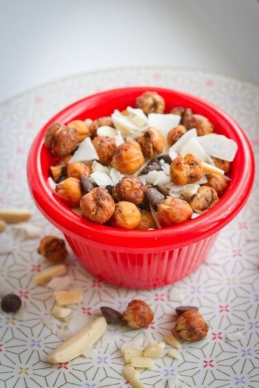 Pumpkin Spice Roasted Chickpea Trail Mix in a red ramekin.