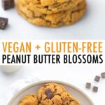 Stack of peanut butter blossoms and a plate with peanut butter blossom cookies.