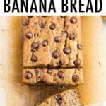 Slices of chocolate chip coconut flour banana bread on a wood cutting board.