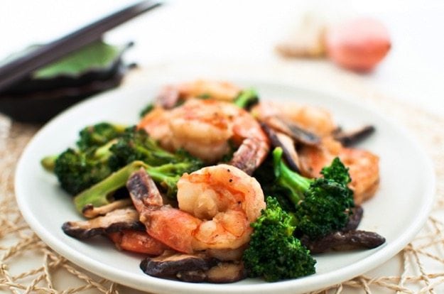 Shrimp, Broccoli and Shiitake Mushroom Stir-Fry on white plate