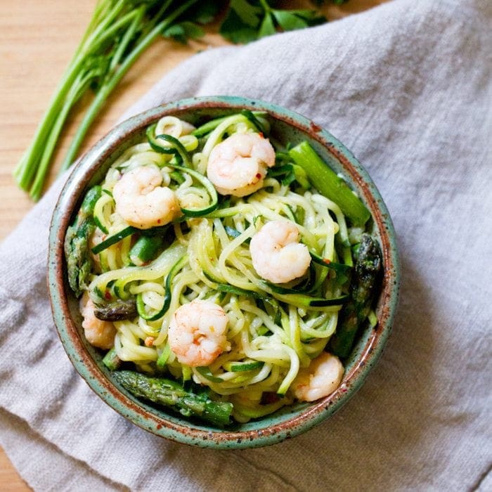 Spicy Shrimp and Asparagus over Zucchini Noodle Pasta