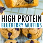 Close up of a blueberry muffin with a bite taken out of it, and a cooling rack with blueberry muffins on it.