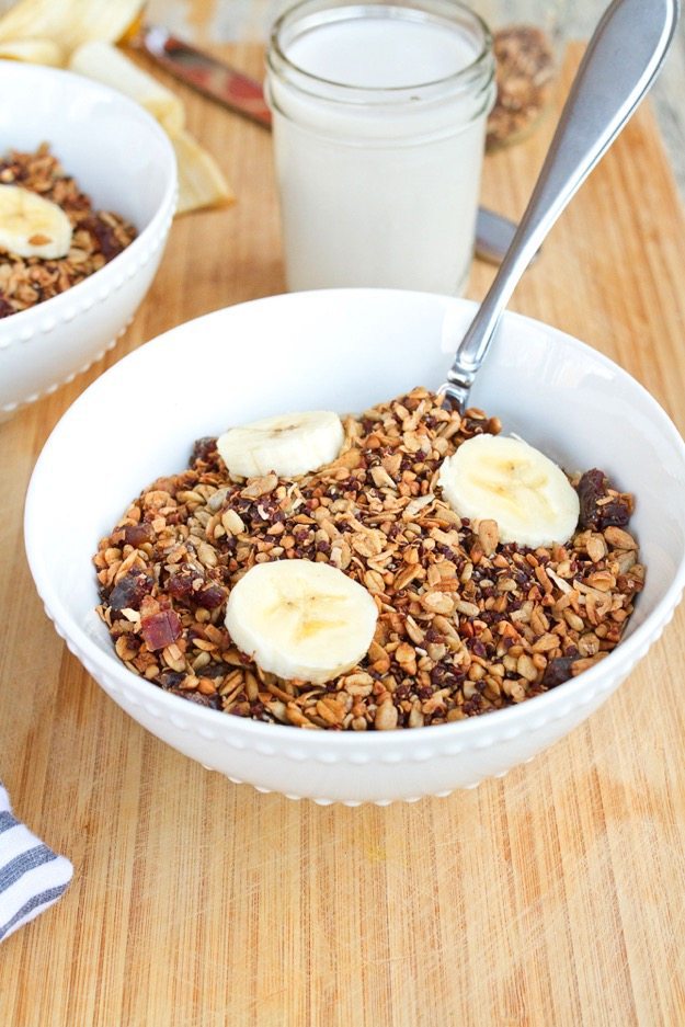 Homemade Gluten-free Cereal with Quinoa Buckwheat & Dates in a bowl.