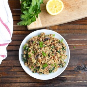 Mushroom Kale Quinoa Risotto on a plate.