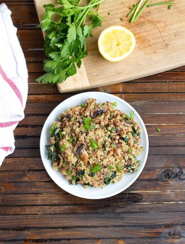 Mushroom Kale Quinoa Risotto on a plate.