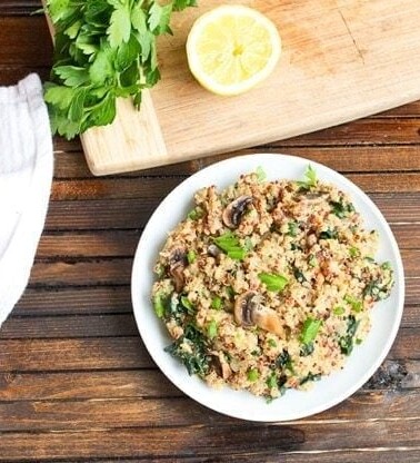 Mushroom Kale Quinoa Risotto on a plate.