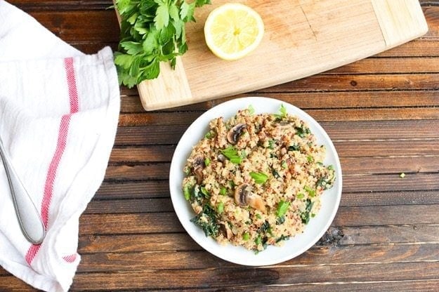 Mushroom Kale Quinoa Risotto on a plate.