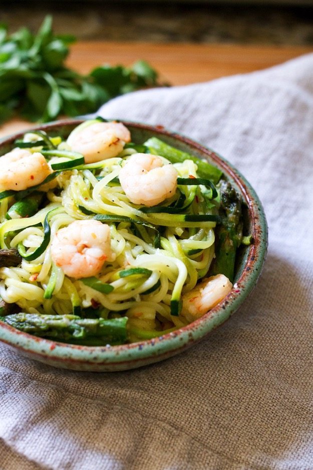 garlic shrimp and asparagus over zucchini noodles