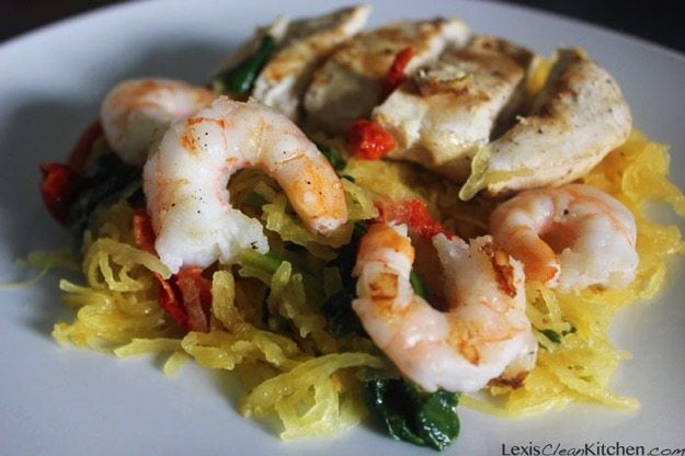 Shrimp “Pasta” Primavera on a white plate