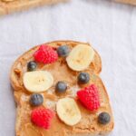 Banana blueberry and raspberry on toast.