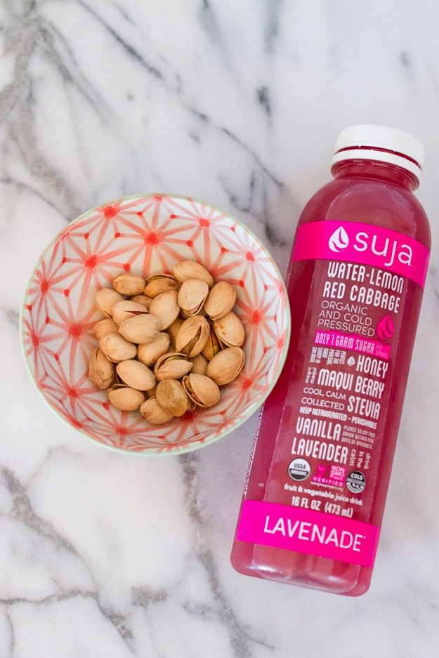 Pistachios and Suja Lavenade