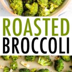 Bowl of roasted broccoli, and a sheet pan with roasted broccoli.