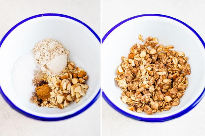 Showing ingredients for the oatmeal crumble topping in a white enamel bowl.