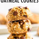 Stack of three chocolate chip peanut butter oatmeal cookies with coconut.