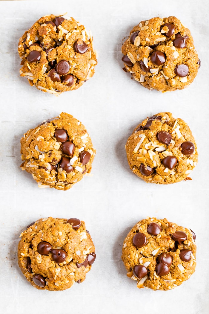 6 peanut butter oatmeal cookies with chocolate chips and coconut flakes on a plate.