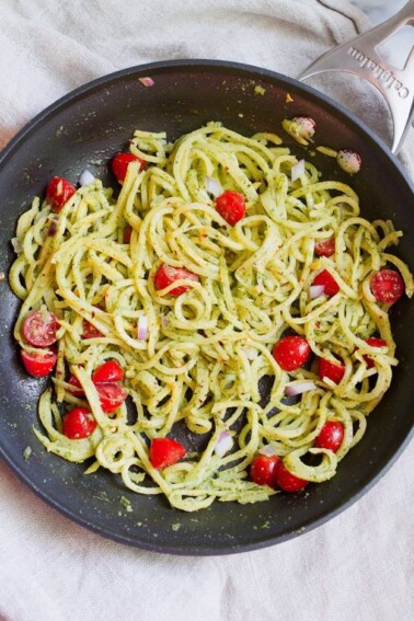 Rutabaga Pasta with a Creamy Pesto Sauce in a sauté pan.