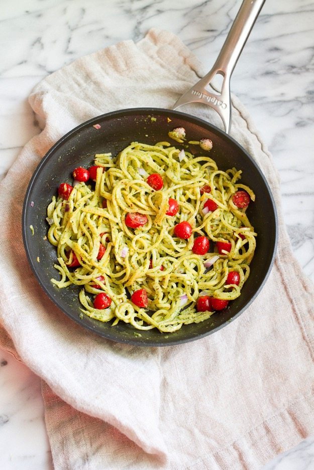 Rutabaga Pasta with a Creamy Pesto Sauce in a sauté pan.