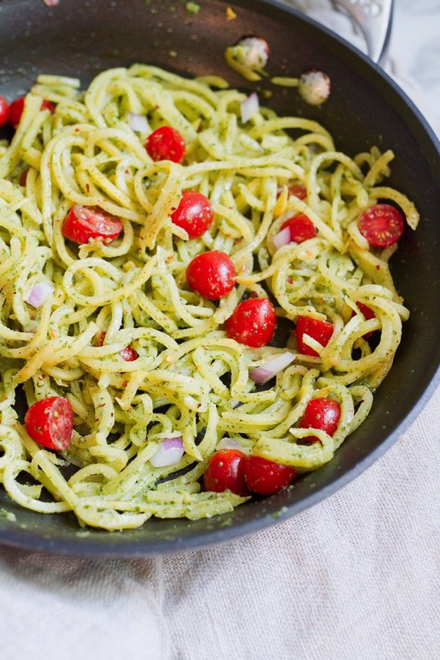 Rutabaga Pasta with a Creamy Pesto Sauce in a sauté pan.