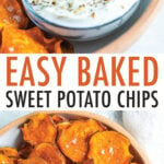 Two photos of plates of baked sweet potato chips sprinkled with flakey salt. A bowl of creamy dip is on the plate.