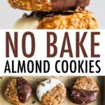 Two photos of no bake almond cookies. Cookie sheet lined with parchment paper. 9 no bake almond cookies half dipped in dark chocolate or white chocolate and sprinkled with cacao nibs. The other photo is of a stack of the no bake cookies.