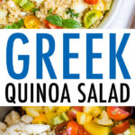 Bowl with Greek quinoa salad made with tomatoes, basil, red onion, feta, and quinoa. Mixing bowl with ingredients for the quinoa salad.