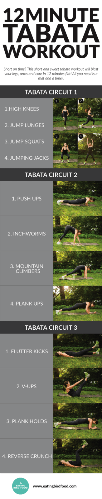 Collage of 12 workout moves. 12 Minute Tabata Workout that works your legs, arms and core!