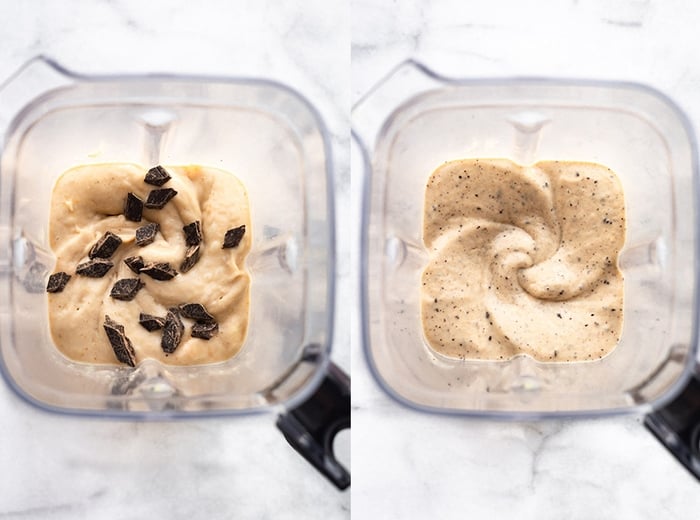 Blender side by side photo of the chocolate banana ice cream being blended with dark chocolate chunks.