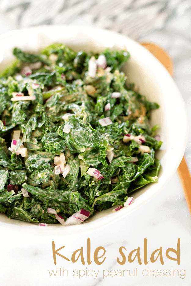 Tender kale with a rich and spicy peanut dressing and chopped red onion! This salad is packed with umami flavor and a fabulous side dish for almost any meal. #vegan #glutenfree Kale salad with spicy peanut dressing.