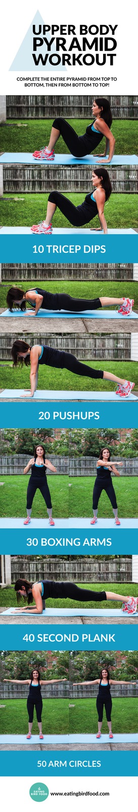 This pyramid workout targets your upper body with just five easy moves! You’re using your own body weight for resistance so no equipment is necessary. 