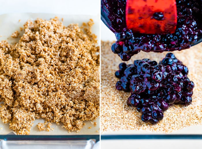 Side by side photos of the oat crumble for the bottom of the blueberry bars. The second photo is of a spatula spooning the blueberry mixture onto the crust.