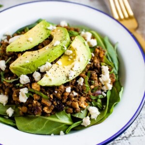 Plate with a bed of fresh spinach topped with a warm Mediterranean salad, topped with feta and avocado.