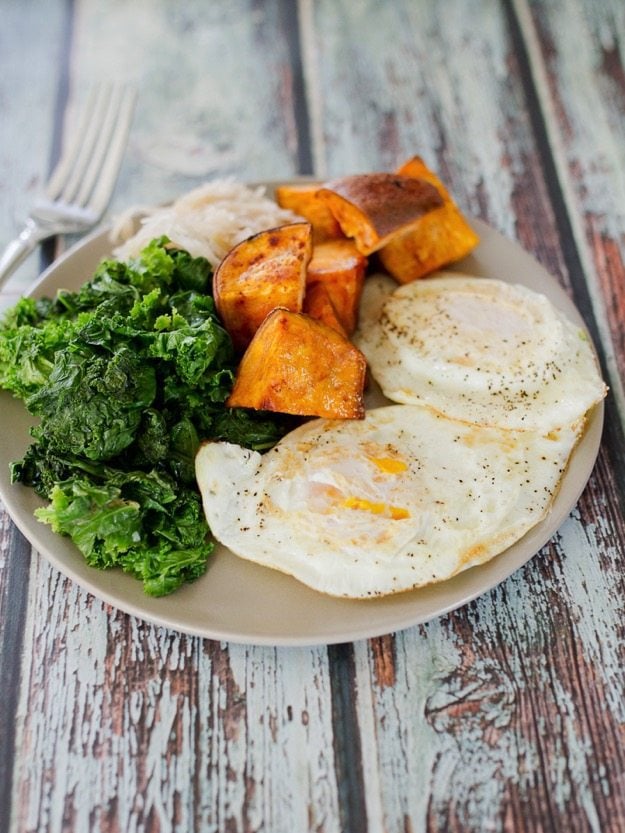 Hormone-balancing PALEO POWER BREAKFAST— it’s loaded with green veggies, protein, healthy fats, wholesome carbs and has a fermented component. It’s one of the healthiest breakfasts around!