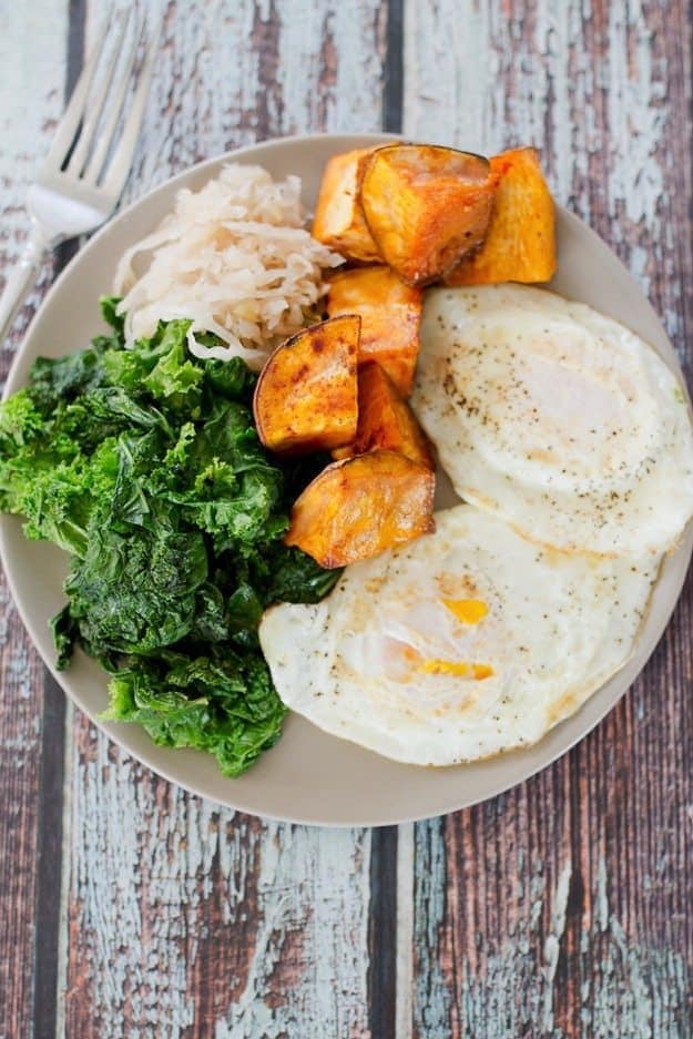 Hormone-balancing PALEO POWER BREAKFAST — it’s loaded with green veggies, protein, healthy fats, wholesome carbs and has a fermented component. It’s one of the healthiest breakfasts around!
