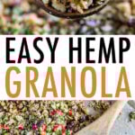 Photos of hemp granola on a wood spoon and on a baking sheet.
