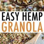 Photos of hemp granola on a wood spoon and on a baking sheet.