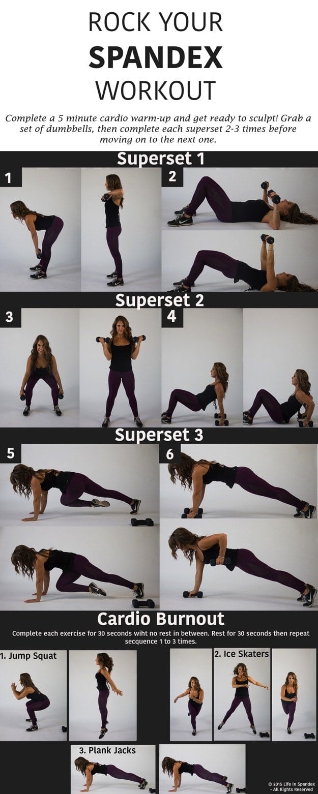 Look good in spandex with this weights + cardio workout that targets all your big calorie-burning muscles, like your thighs, booty, back, core, and chest while also sculpting and shaping your accessory muscles like your triceps and biceps. 