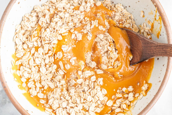 Oats and pumpkin being combined in a bowl with a wooden spoon.