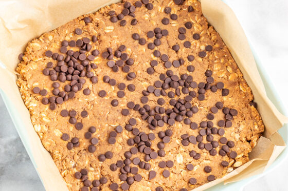 Pumpkin protein bars baked in a ceramic dish.