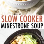A white bowl with minestrone soup. A loaf of bread is in the background. Second photo of a slow cooker with beans and vegetables for slow cooker minestrone soup.