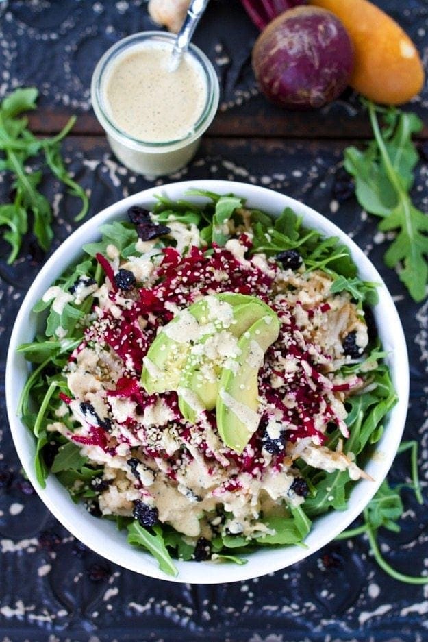 Pear and Beet Salad with a Ginger Hemp Dressing