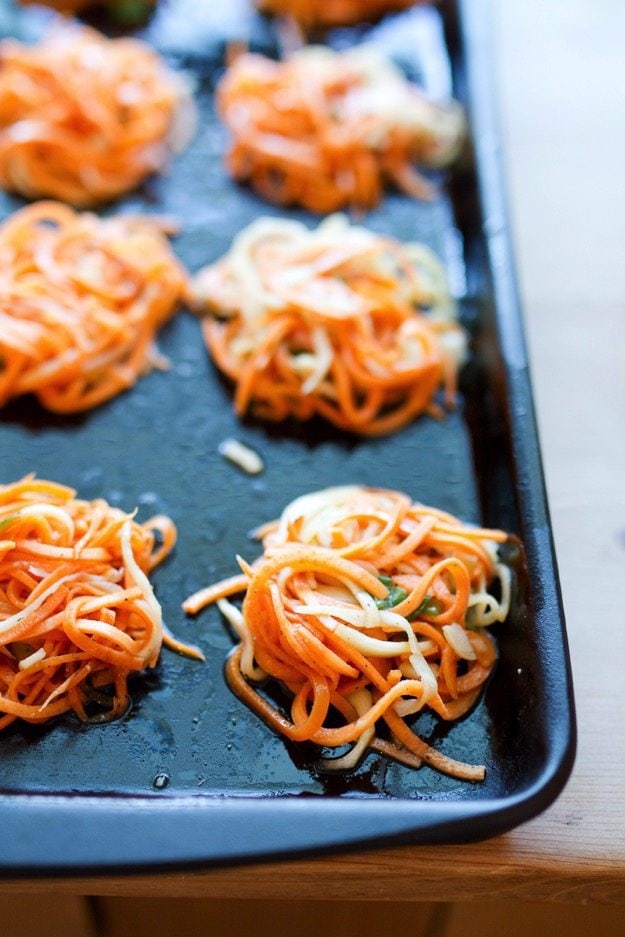 Spiralized Latkes Before Baking on a baking sheet.