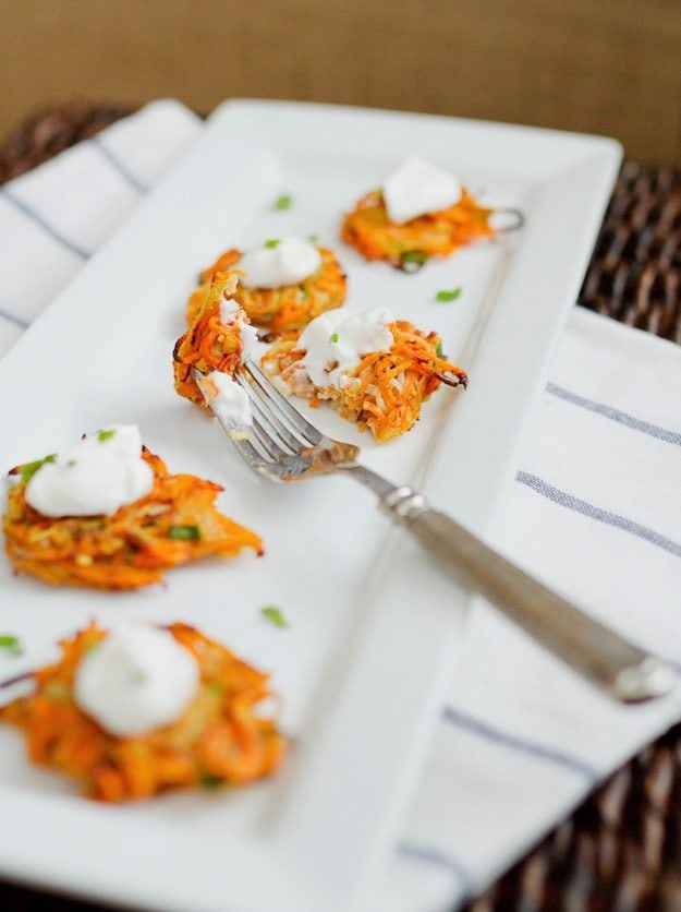 Sweet Potato and Parsnip Spiralized Latkes on a serving platter.