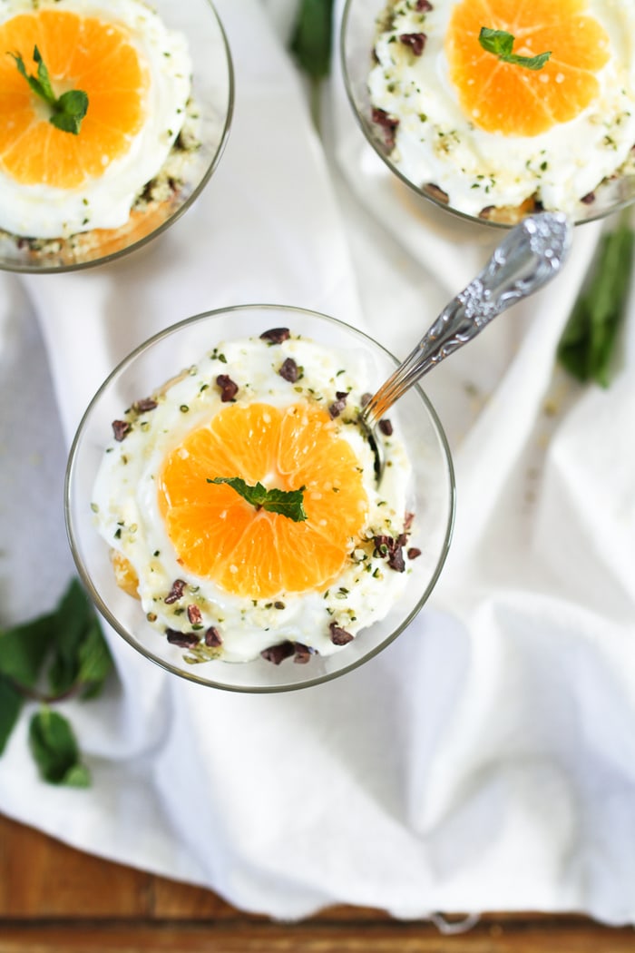 Overhead shot of clementine greek yogurt parfait.