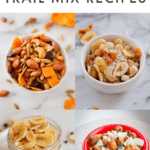 Collage of 4 different trail mixes. Text on top reads "10 Healthy Trail Mix Recipes"